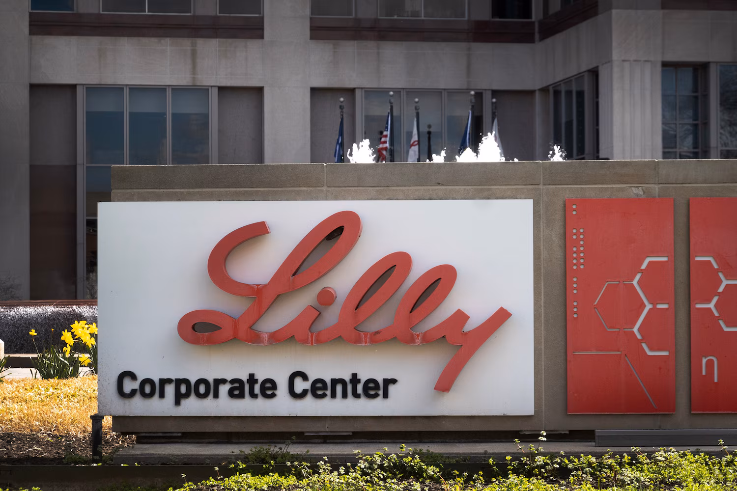 A sign with the company logo sits on the headquarters campus of Eli Lilly and Company on March 17, 2024 in Indianapolis, Indiana.